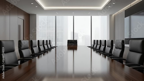 A slow cinematic pullback shot of an empty modern corporate boardroom with a long polished table and leather chairs in front of a large window