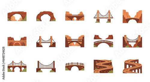 Vector icon set of various bridges, rock arches, and winding roads in a flat style.