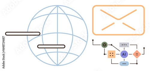 Globe with connecting lines, email envelope, and AI-powered workflow chart. Ideal for technology, communication, globalization, machine learning, automation networking digital correspondence. A