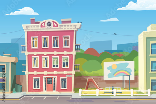 red house with playground in cartoon style