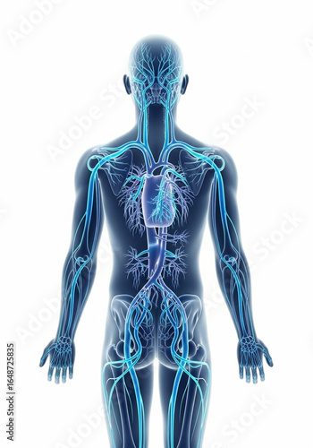 Anatomy Illustration: A rear view of a human figure reveals the intricate network of the circulatory system, showcasing the veins and heart.
