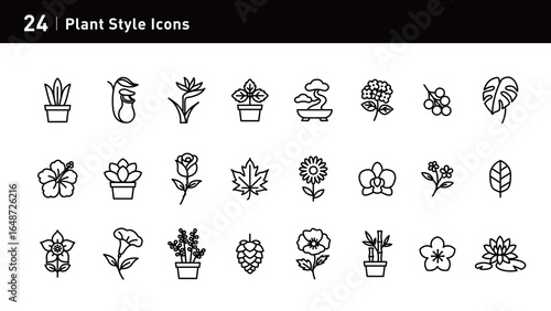 This plant icon set showcases nature's beauty with pots, leaves, flowers, and cultural plants. Ideal for home and design, with scalable vectors.