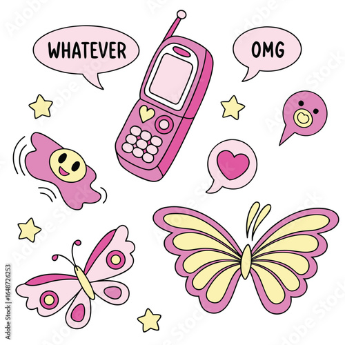 Y2k aesthetic pop sticker pack featuring glitter hearts and retro graphics with bold typography