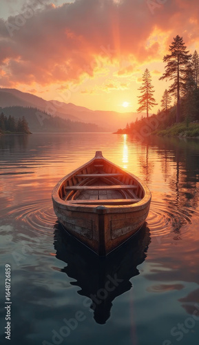 Wooden Canoe on Calm Lake at Sunset