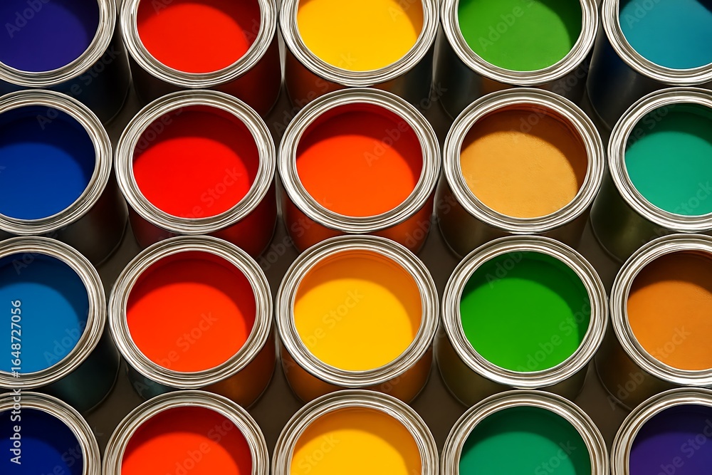 Fototapeta premium Vibrant array of colorful paint cans in a kaleidoscope pattern, bright hues for artistic concepts