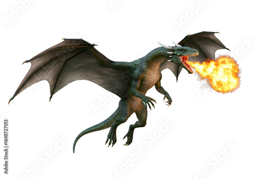 Majestic Green Dragon in Flight Breathing Fire Against a Black Background