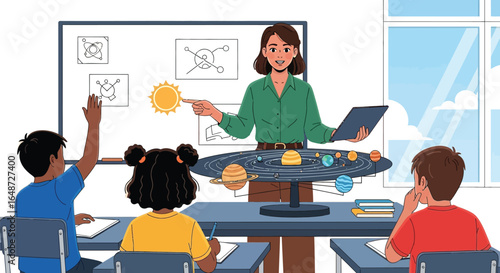 Engaging teacher explains solar system model to attentive students in bright classroom