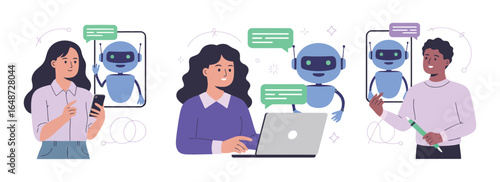 Vector art of people interacting with ai chatbots on various devices for communication and assistance, isolated on white background