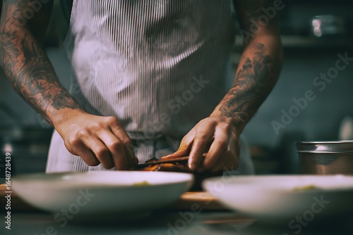 Close-up of a chef preparing food.