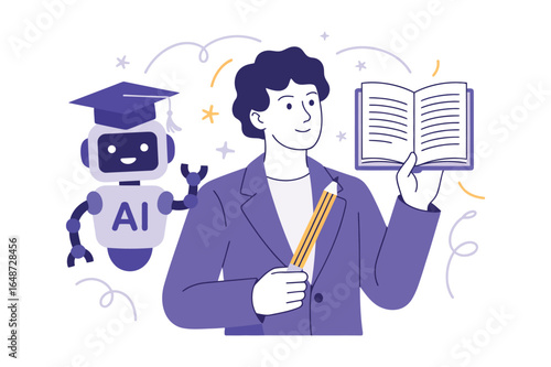 Vector art of a man and a robot are teaching and learning together, the robot is wearing a graduation cap and the man is holding a book isolated on white background they are studying together