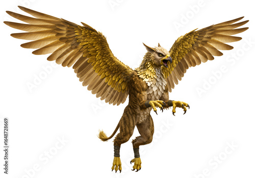 Majestic mythical griffin with golden wings spread wide in a commanding pose against black