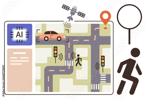 AI-driven traffic management featuring connected cars, pedestrians, street lights, and satellite integration for efficient and safe transportation. Ideal for technology, urban planning, mobility