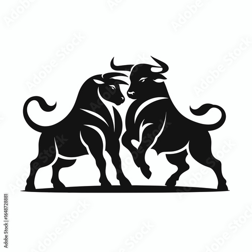 Young bulls sparring friendly. Cartoon Animal Clipart Silhouette Vector Illustration Line Art Illustration. Juvenile cattle play combat gentle bovine practice bout behavior.