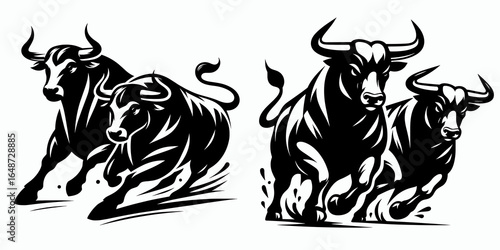 Bull pair running side by side. Cartoon Animal Clipart Silhouette Vector Illustration Line Art Illustration. Two oxen moving abreast a cattle duo at trot strong companion.