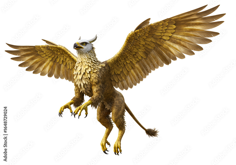 Fototapeta premium Majestic mythological creature with eagle head and lion body soaring with outstretched wings