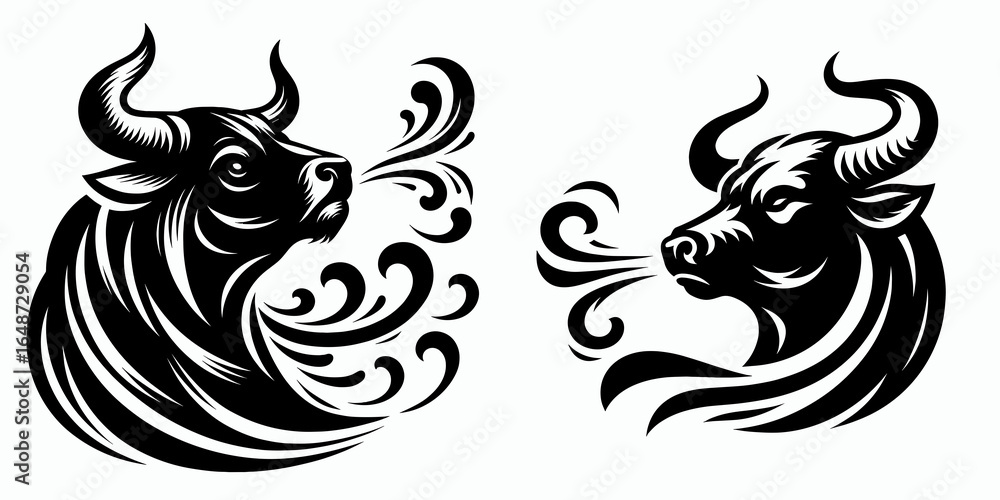 Fototapeta premium Bulls chuffing breath rhythm. Cartoon Animal Clipart Silhouette Vector Illustration Line Art Illustration. Large cattle snorting air cadence for agriculture farming livestock sound.