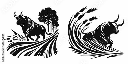 Bulls carving path tall grass. Cartoon Animal Clipart Silhouette Vector Illustration Line Art Illustration. Oxen create route high meadowland pasture forage.