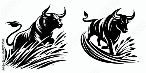 Bulls carving path tall grass. Cartoon Animal Clipart Silhouette Vector Illustration Line Art Illustration. Cattle shaping route field growth locomotion graze environment.