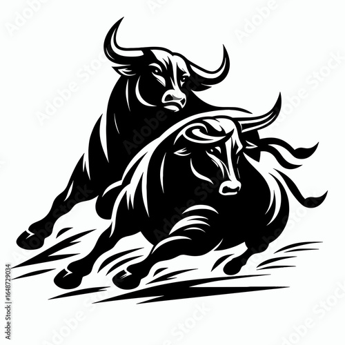 Bulls charging forward tandem. Cartoon Animal Clipart Silhouette Vector Illustration Line Art Illustration. Male cattle advancing pair moving ahead together forceful team at the front.