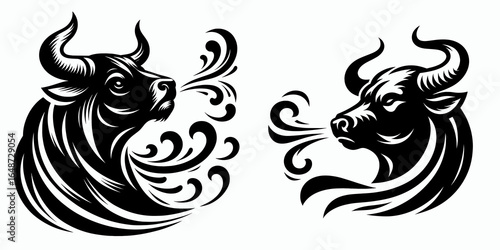 Bulls chuffing breath rhythm. Cartoon Animal Clipart Silhouette Vector Illustration Line Art Illustration. Large cattle snorting air cadence for agriculture farming livestock sound.