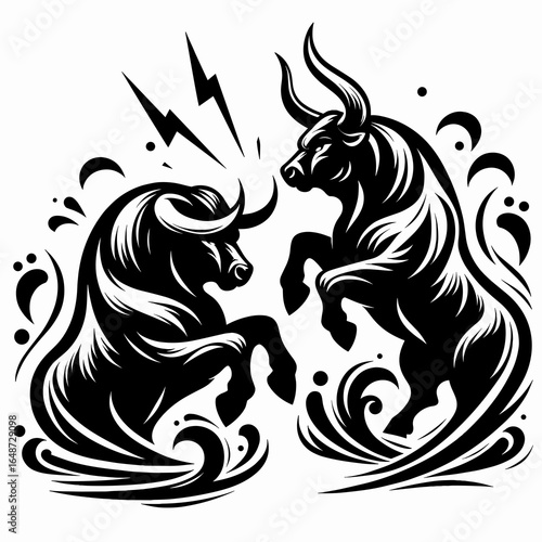 Bulls clashing horns thunderous. Cartoon Animal Clipart Silhouette Vector Illustration Line Art Illustration. Male cattle fight horn impact creating a loud rumble an audio effect.