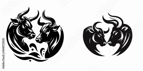 Bulls exchanging soft snorts. Cartoon Animal Clipart Silhouette Vector Illustration Line Art Illustration. Male cattle making quiet breath sound.