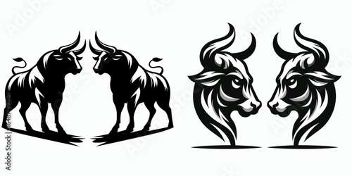 Bulls facing off symmetrical stance. Cartoon Animal Clipart Silhouette Vector Illustration Line Art Illustration. Male cattle competing balanced posture contest even form rival challenge.