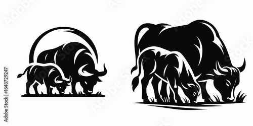 Bulls grazing together peacefully. Cartoon Animal Clipart Silhouette Vector Illustration Line Art Illustration. Cattle eating forage calm farm among grassland in countryside.