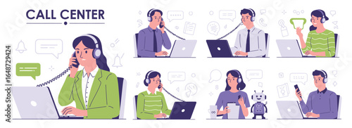Vector art of call center customer service agents with headsets and laptops providing support and assistance isolated on white background