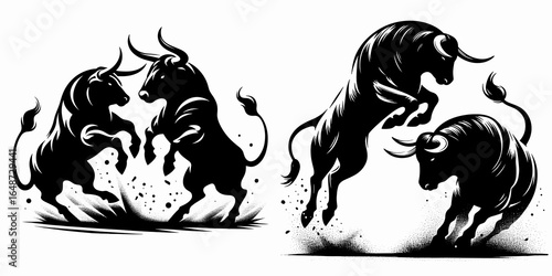 Bulls kicking up dust duel. Cartoon Animal Clipart Silhouette Vector Illustration Line Art Illustration. Bovine combat creating earth cloud challenge ranch action competition.