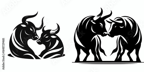 Bulls nudging each other affectionately. Cartoon Animal Clipart Silhouette Vector Illustration Line Art Illustration. Bovine showing tenderness pushing one another with gentle touch.