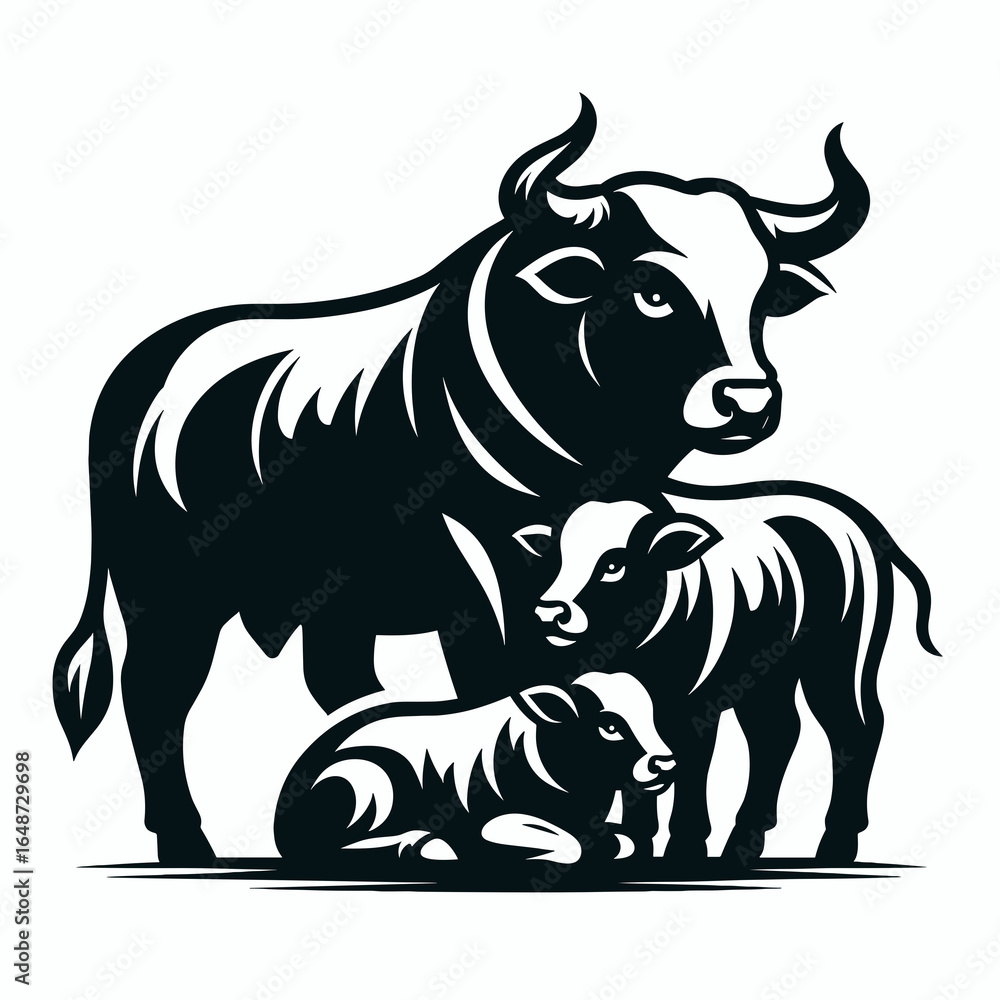 Fototapeta premium Bulls sheltering calves together. Cartoon Animal Clipart Silhouette Vector Illustration Line Art Illustration. Male cattle protect young animal a farming concept about safeguarding.