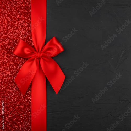 blank copy space, a red satin ribbon and bow, wallpaper  Decorative black bow with price tag. gift card wishes merry christmas background, red ribbon bow on black shiny vibrant color texture template,