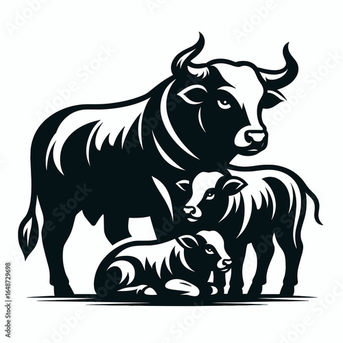 Bulls sheltering calves together. Cartoon Animal Clipart Silhouette Vector Illustration Line Art Illustration. Male cattle protect young animal a farming concept about safeguarding.