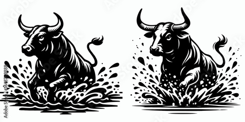Bulls splashing through shallow stream. Cartoon Animal Clipart Silhouette Vector Illustration Line Art Illustration. Cattle wading amid brook farm during waterway crossing action.
