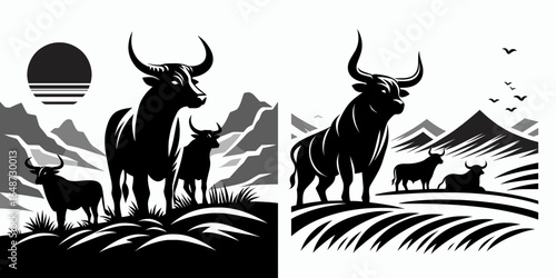 Bulls surveying valley ridge. Cartoon Animal Clipart Silhouette Vector Illustration Line Art Illustration. Cattle looking over lowland crest a farming location investigation.