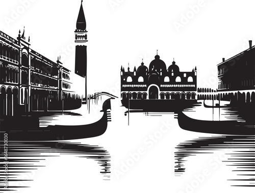 Romantic Venice canal scene with gondolas in silhouette