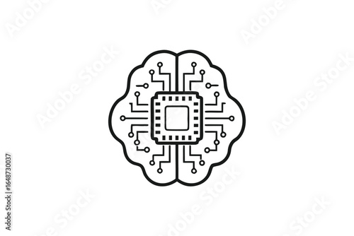Outline Brain Integrated with Microchip, Minimalist Style on White Background