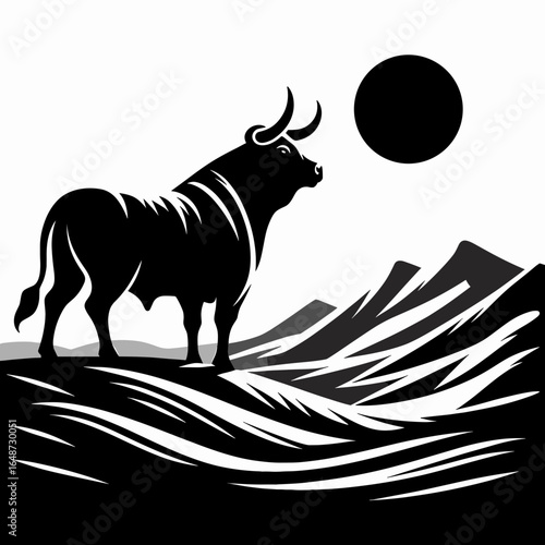 Bulls surveying valley ridge. Cartoon Animal Clipart Silhouette Vector Illustration Line Art Illustration. Male cattle looking at lowland hilltop area observing the terrain.