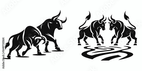 Bulls synchronizing steps path. Cartoon Animal Clipart Silhouette Vector Illustration Line Art Illustration. Bovine matching gait trail a route for cattle following shared movement.