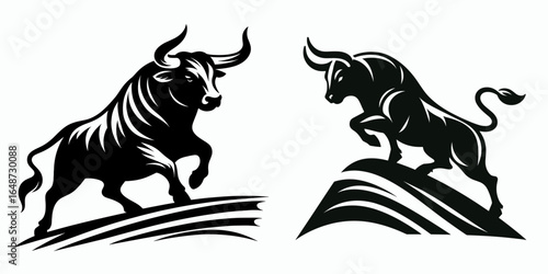 Bulls traipsing hill crest. Cartoon Animal Clipart Silhouette Vector Illustration Line Art Illustration. Bovine walking summit ridge livestock roaming high ground horizon panorama.