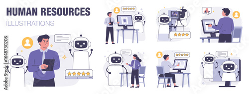Vector art of human resources illustrations featuring ai robots assisting employees in various office tasks and interactions isolated on white background