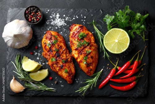 Grilled chicken breasts, seasoned and garnished, with fresh herbs, spices, and citrus