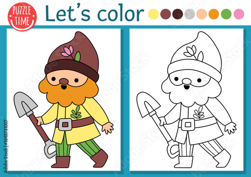 Pre-made coloring page for children with garden dwarf with spade. Vector fairytale outline illustration with gnome. Fantasy forest color book for kids with colored example. Drawing worksheet