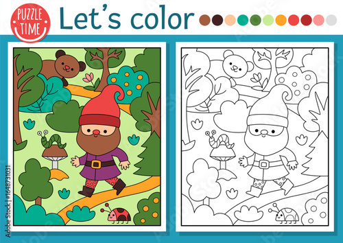 Pre-made coloring page for children with dwarf going through forest. Vector fairytale outline illustration with gnome and woodland scene or landscape. Fantasy color book for kids with colored example