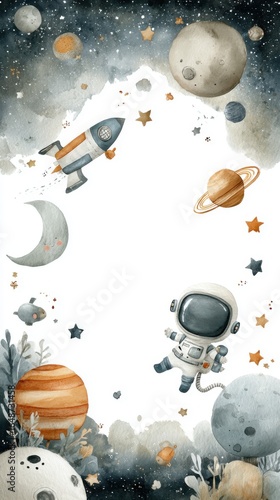 Watercolor children's white and blue illustration on a space theme with space for text: spaceship, cute astronaut in a white spacesuit, planets