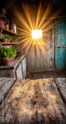 Sunbeams in rustic kitchen
