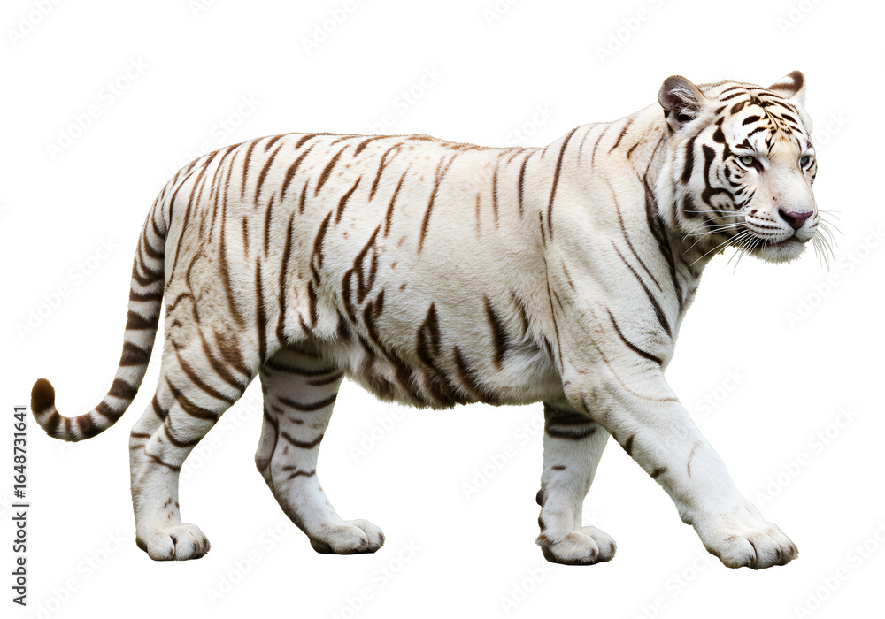 Obraz premium Majestic white tiger walking gracefully on a black background showcasing elegance and power