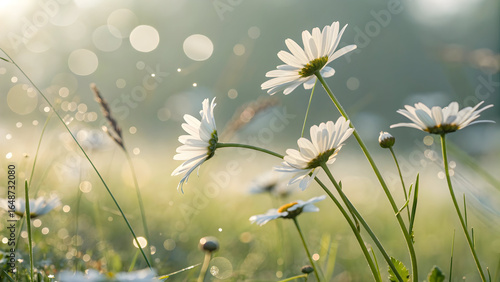 Fototapeta Naklejka Na Ścianę i Meble -  Full hd 4k stock image download White daisy flowers bloom in bright sunlit meadow with bokeh blooming
