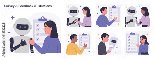 Vector art of surveys and feedback illustrations exploring the intersection of human interaction and ai technology in customer service and data collection
